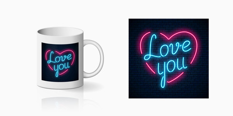 Happy Valentines Day neon glowing festive sign on ceramic mug mockup. Love you text in heart shape on cup side.