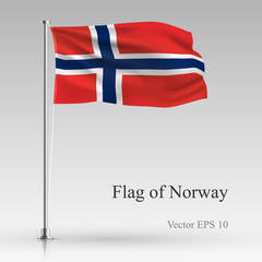 National flag of Norway isolated on gray background. Realistic Norway flag waving in the Wind. Wavy flag of Norway Vector illustration.