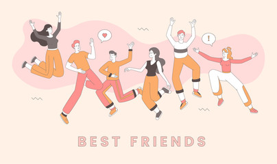 Friendship day celebration banner vector template. Best friends partying together, cheerful men and women cartoon characters. Joyful young adults in casual clothes having fun outline illustration