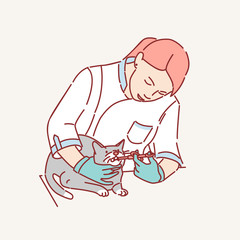 Veterinarian doctor treating cat vector illustration. Professional animal doctor helping little kitten cartoon character. Domestic pet vaccination, feline diseases prevention, vet clinic service