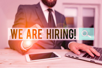 Word writing text We Are Hiring. Business photo showcasing recently you employ someone or pay...