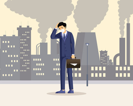 Man suffering from smog flat illustration. Male worker feeling unhealthy in polluted city, breathing dust, smoke cartoon character. Industrial emissions, contamination with dangerous pollutants
