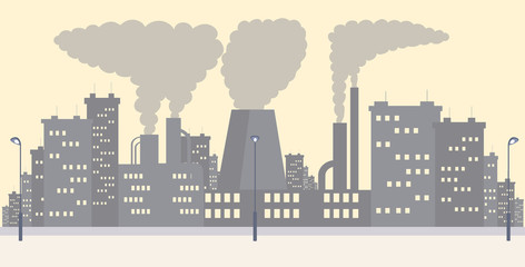 Naklejka premium Industrial district cityscape flat simple illustration. Plant emitting smoke, gas waste and dust cartoon background. Urban air pollution, environment contamination with danger emissions, co2 problem