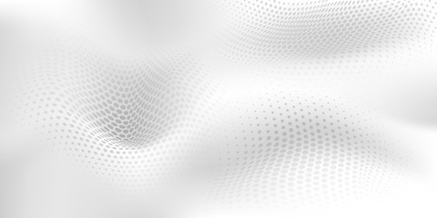 Abstract halftone background with wavy surface made of dots in white and gray colors