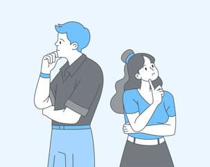 Couple in doubt cartoon outline illustration. Thoughtful, sad boyfriend and girlfriend thinking, searching solution isolated lineart characters in blue. Young man, woman standing, having dilemma