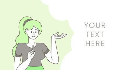 Woman with empty speech bubble illustration. Young sure girl gesturing and thinking outline cartoon character, suggesting idea. Banner design flat vector template with text space and talking lady
