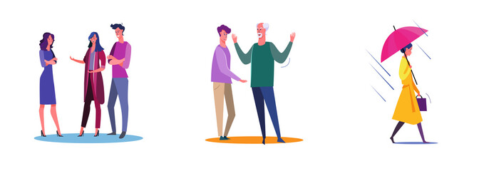 Set of people discussing and arguing. Flat vector illustrations of woman walking in rain. Argue, communication, raining concept for banner, website design or landing web page