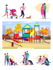 Families outside set. Parents, kids, pets walking, jogging, chatting, playground in autumn. Flat vector illustrations. Weekend, leisure concept for banner, website design or landing web page