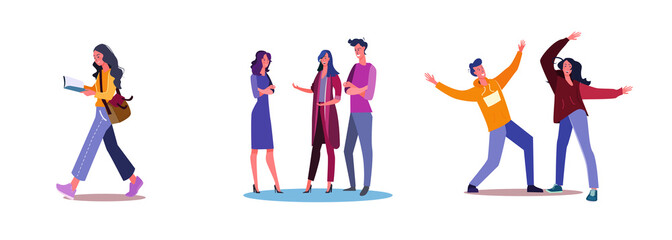 Set of people dancing and chatting on party. Flat vector illustrations of student reading textbook for lecture. Education, conversation, dancing concept for banner, website design or landing web page