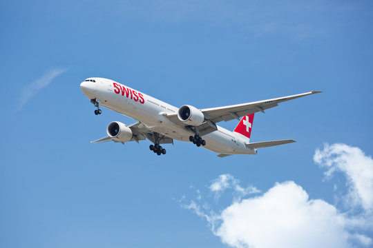 Chicago, USA - September 15, 2019: Swiss airline Boeing 777-300 on final approach to O'Hare International Airport. Swiss is the national airline of Switzerland.