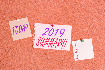 Text sign showing 2019 Summary. Business photo showcasing summarizing past year events main actions...