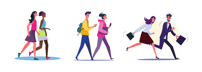 Set of friends going out in leisure time. Flat vector illustrations of business people rushing to work. Going out, walking, rush, deadline concept for banner, website design or landing web page