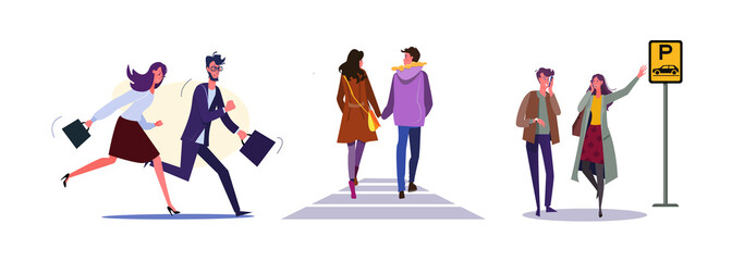 Fototapeta na wymiar Set of business people rushing to workplace. Flat vector illustrations of couple walking around city on date. Rush, public transport, dating concept for banner, website design or landing web page