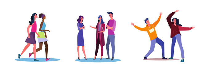 Set of friends going out shopping and dancing. Flat vector illustrations of people chatting together. Conversation, leisure activity, going out concept for banner, website design or landing web page