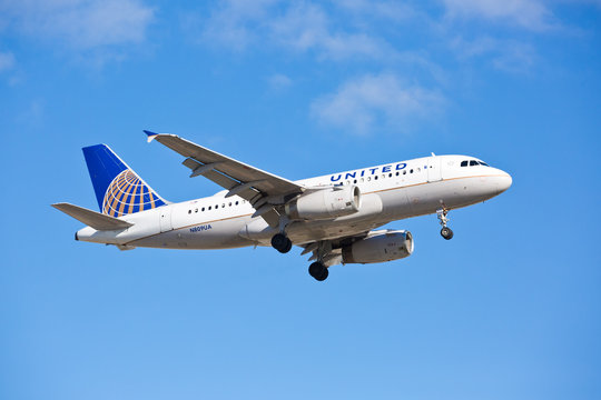 Chicago, USA - October 3, 2017: A United Airlines Airbus A319 aircraft landing at O'Hare International Airport.