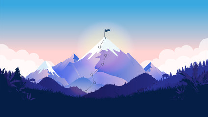 Flag on mountain top. Majestic mountain with trail to the top in a beautiful landscape. Metaphor for great business challenge to overcome before success and reach your goals. Vector illustration.