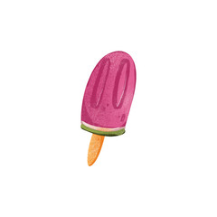 Digital illustration of a texture of bright pink juicy watermelon ice cream with a green stripe on an orange stick. Print for stickers, fabrics, cards, banners, web design.