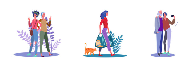 Set of friends posing for photoshoot and selfie. Flat vector illustrations of woman carrying grocery bags. Friendship, selfie, posing, shopping concept for banner, website design or landing web page