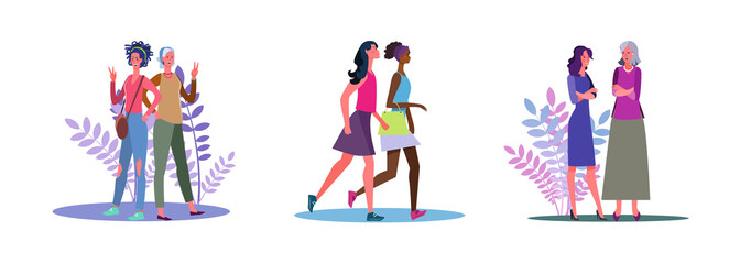 Set of female friends chatting and going out. Flat vector illustrations of women walking around. Friendship, leisure time, conversation concept for banner, website design or landing web page