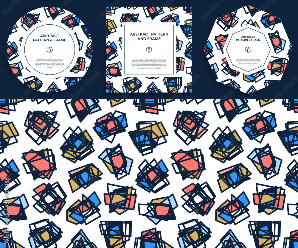 Poster set of colorful hand draw abstract shapes frame border with line and geometrical object. hexagon, sq