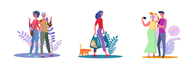 Set of friends posing for camera and making selfie. Flat vector illustrations of woman walking with grocery bags. Friendship, selfie, shopping concept for banner, website design or landing web page
