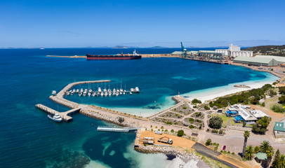 Aerial panoramic view of the industrial port of Esperance in the morning