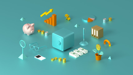 Savings  planning concept with storage safe in the middle.  Isometric accounting composition. Web banner with gold money coins and financial analysis. Hi resolution rendered 3d illustration