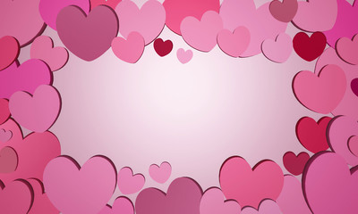 3D render of multiple pink hearts making a frame which surrounds a light pink gradient background with room for text