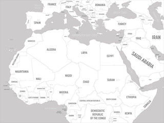 Northern Africa map - white lands and grey water. High detailed political map of northern african rgion with country, capital, ocean and sea names labeling