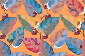 Art floral vector seamless pattern. Branches with colorful leaves and maroon berries in watercolor style isolated on an orange background. Delicate endless pattern for wallpaper, fabric, textile.