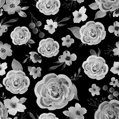 Black-white watercolor seamless pattern with flowers. Vintage black and white background with flowers. The pattern is suitable for scrapbooking, fabrics and wrapping paper.