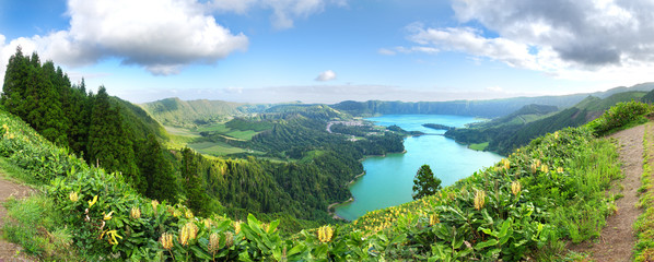 Panorama of the volcanic caldera at Sete Cidades on São Miguel in the Azores. The Azul and Verde...