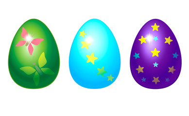 Set of three Easter eggs with pictures. Volumetric Easter eggs of green, blue and violet color painted with stars and butterflies - vector full-color templates.