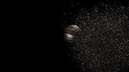 Roasted metallic silver-Black Basketball with Particles. 3D illustration. 3D high quality rendering.