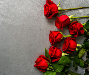 Red roses against silver background top view
