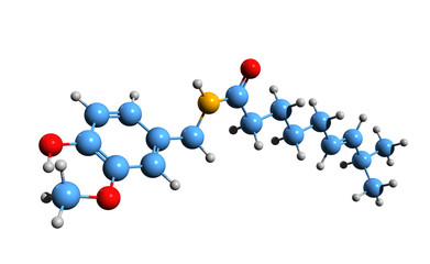 3D image of capsaicin skeletal formula - molecular chemical structure of chili pepper extract isolated on white background,
