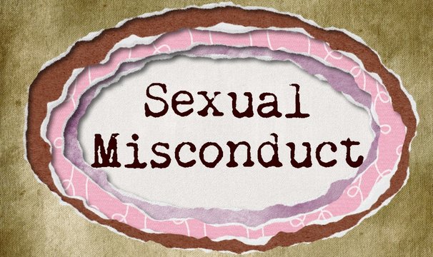 Sexual Misconduct - Typewritten Word In Ragged Paper Hole Background - Misconduct Of A Sexual Nature - Concept Tattered Illustration