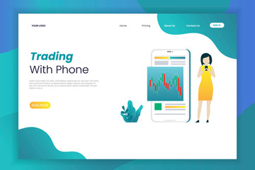 Trading landing page template. Women do trading activities on mobile phones. landing page template