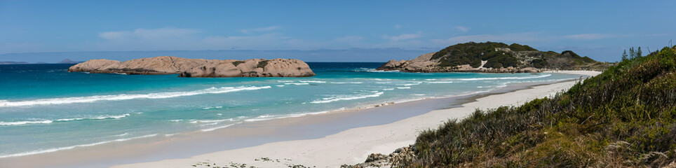 Panoramic view of the rock formation in the ocean adjacent to the beach at Twilight Cove, Esperance, Western Australia