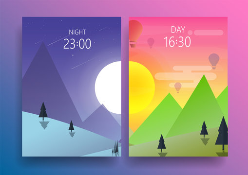 Day and night landscape illustrations with  mountains, hills ,star, air balloon, trees, lockscreen mobile UI-flat design.