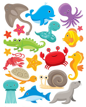 Vector Illustration of sea animals with flat design style.