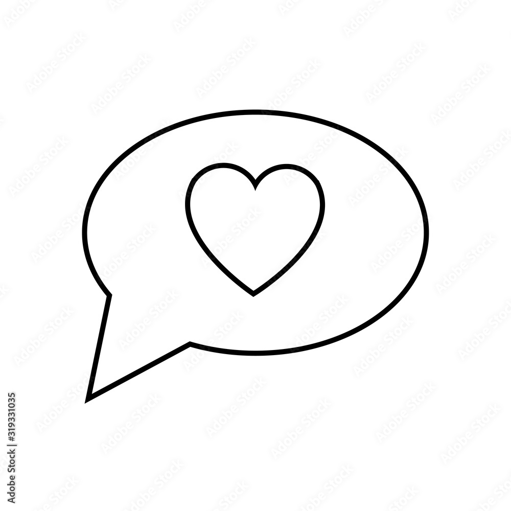 Poster black and white linear simple icon of a beautiful heart in the dialog cloud of thoughts for the feas