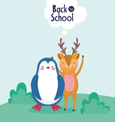Obraz na płótnie Canvas back to school education deer and penguin cartoon characters