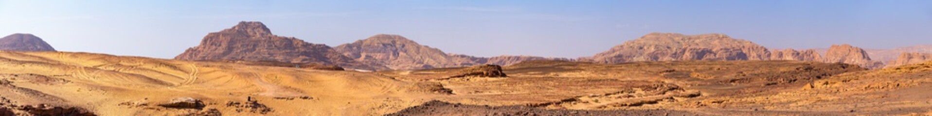 Egypt. Desert and mountains of the Sinai Peninsula. Sands, dunes, rocks and gorges. Promised land.