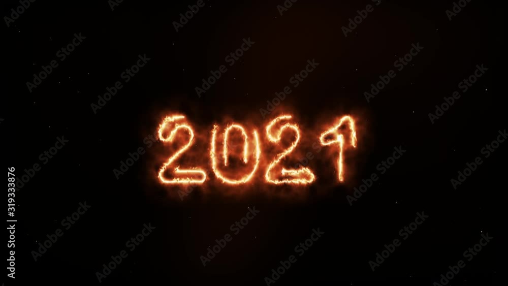 Poster new year 2021 text with fire effect and burning ashes on isolated black background. greeting present