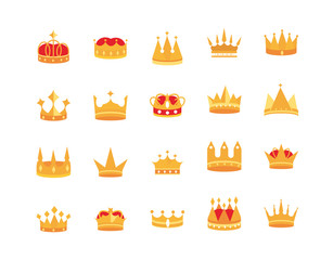 gold crowns jewel authority coronation monarchy luxury icons set