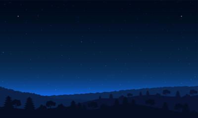 Night sky landsacape. Forest at night and star on sky.