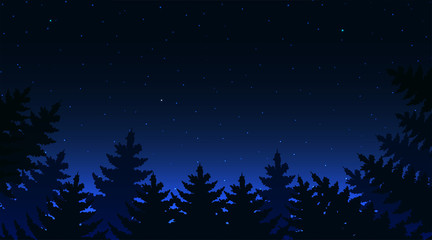Night sky landsacape. Forest at night and star on sky.