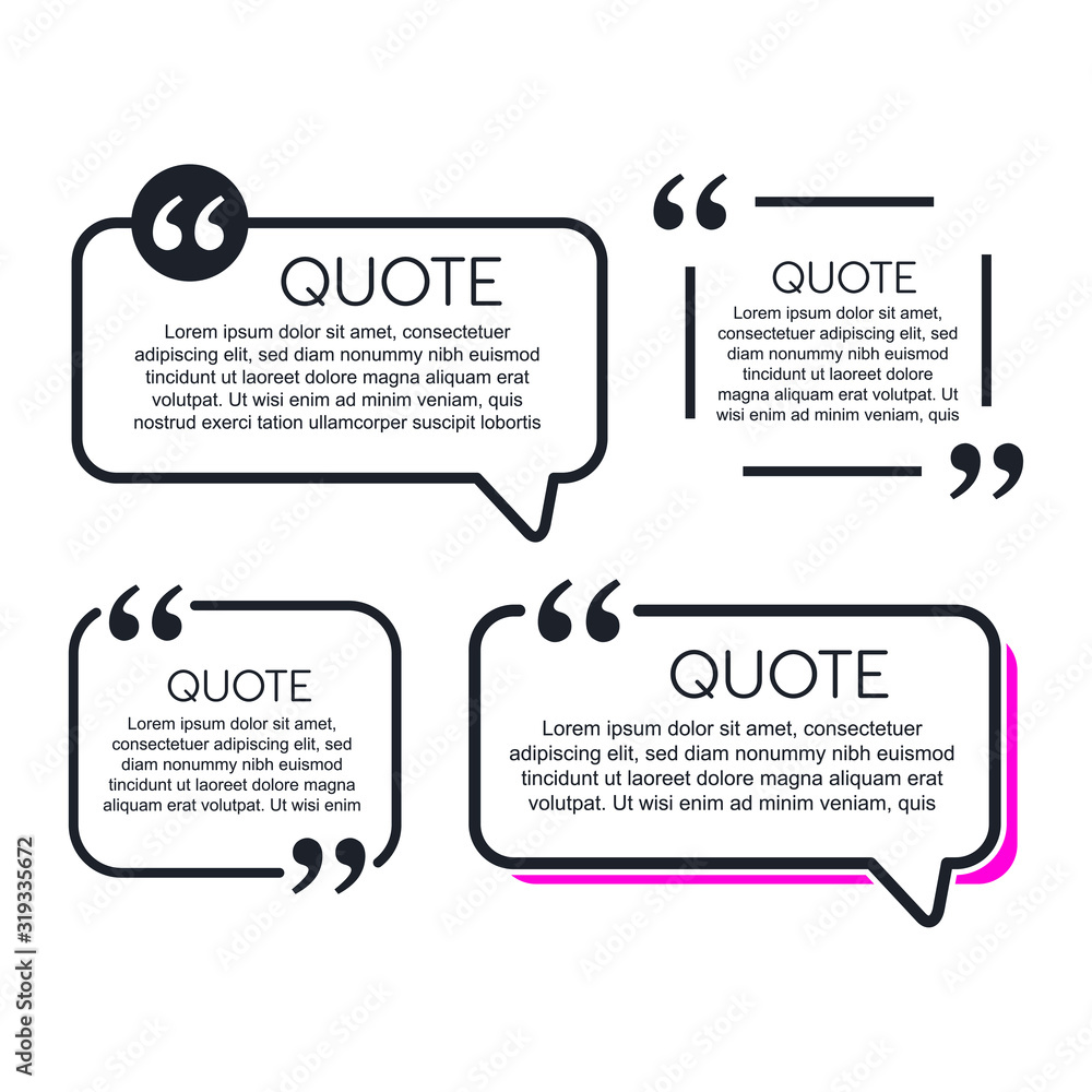 Aufkleber Colored quote speech bubble template. set different shape geometric texting boxes. Quotes form and speech box isolated on white background. Vector illustration.