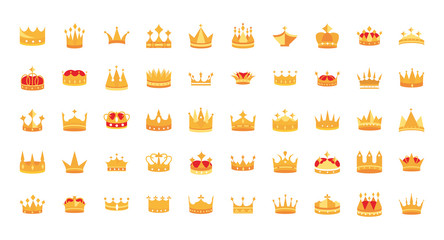gold crowns jewel authority coronation monarchy luxury icons set